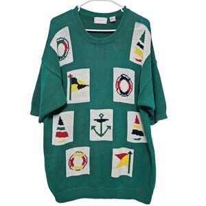 Vintage Nautical Flag Knit Sweater Women 20W Sailboat Anchor Coastal Grandmacore